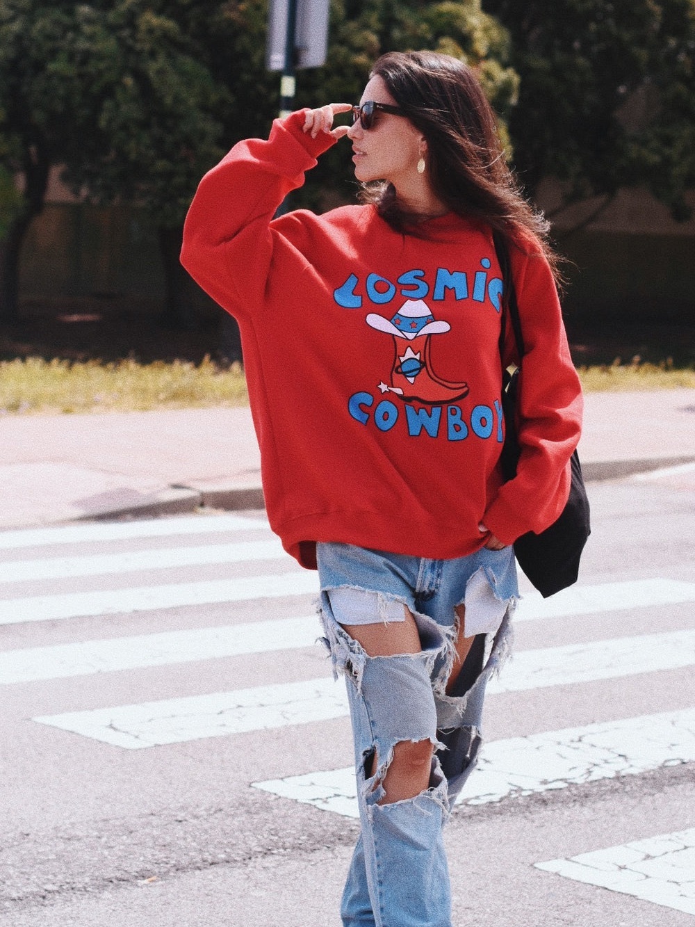 Red 'Cosmic Cowboy' Graphic Crewneck Sweatshirt - Women